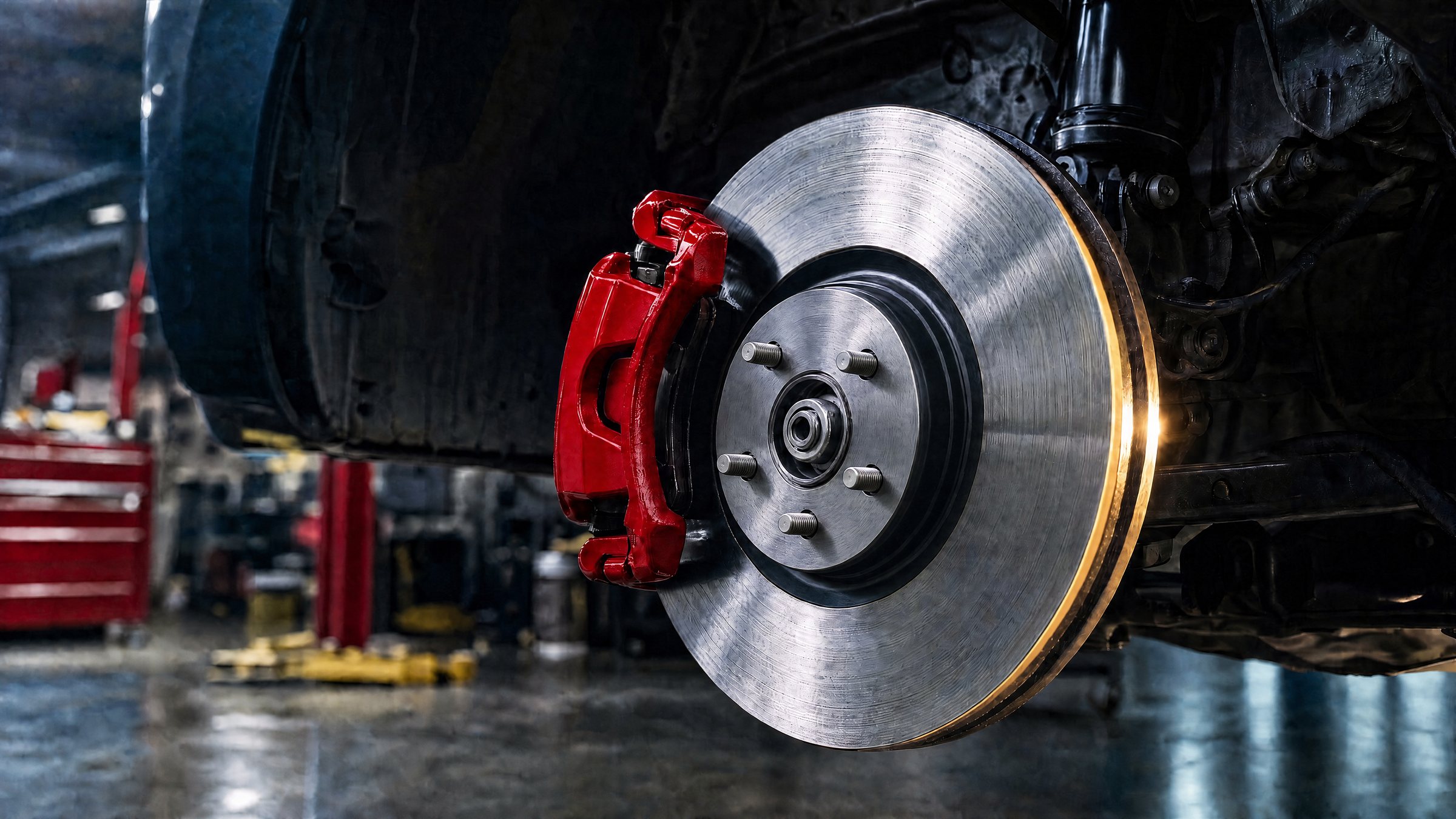 A freshly resurfaced brake rotor and red caliper on a passenger car in the shop