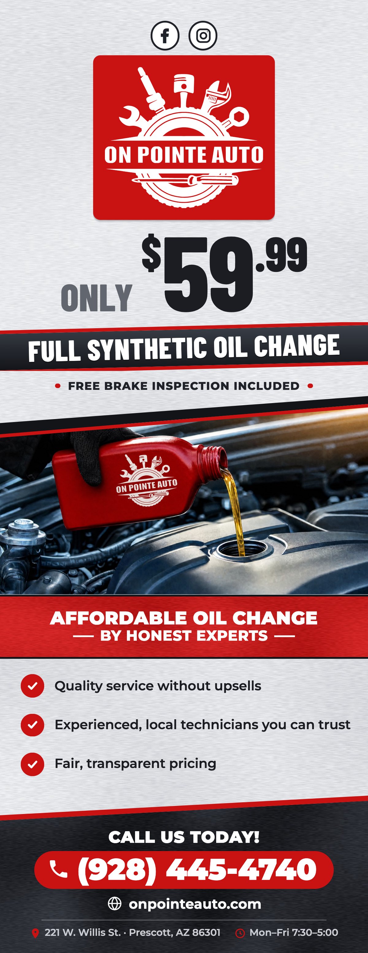 Oil change special flyer: $59.99 full synthetic oil change
