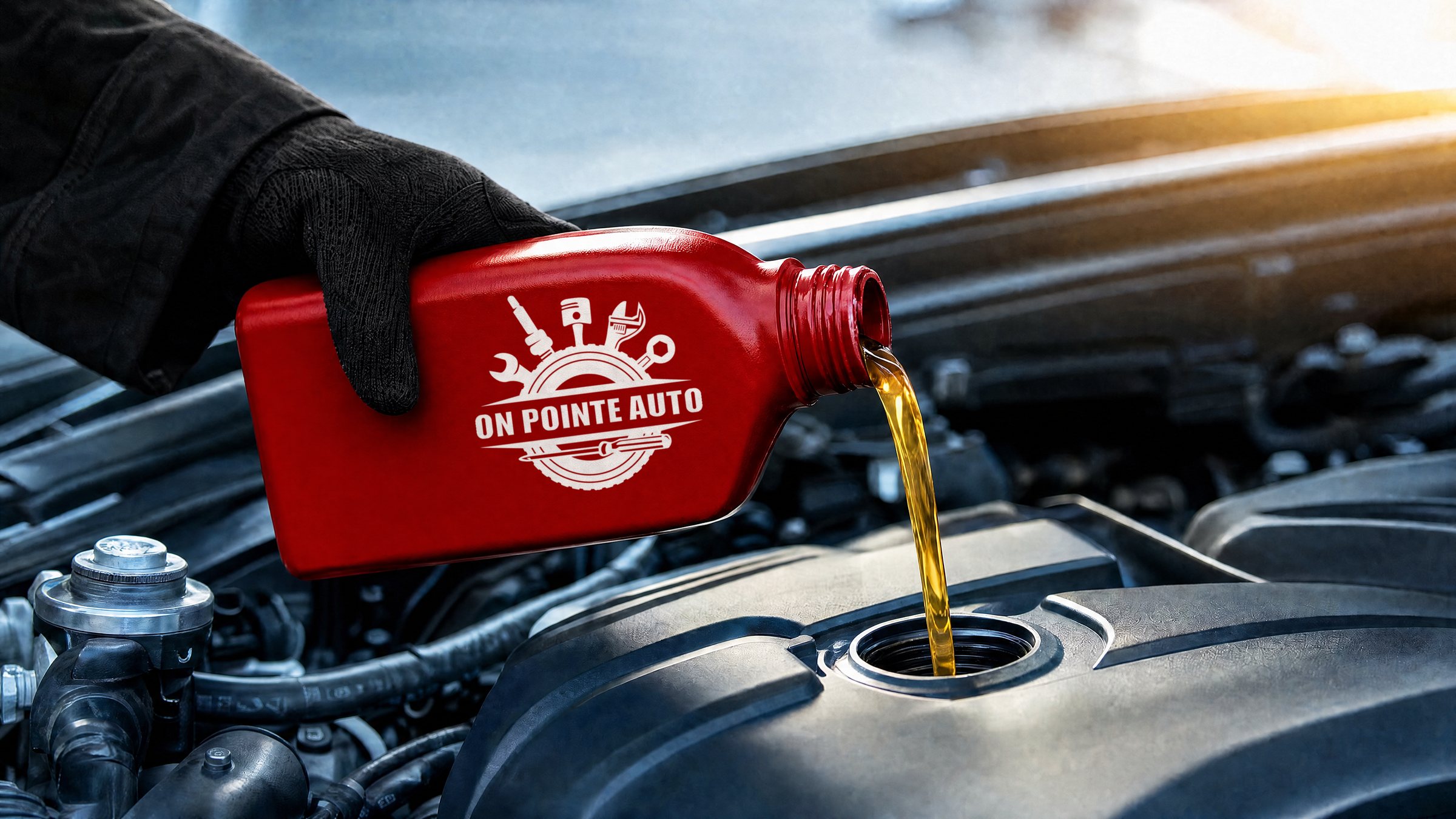 Full synthetic oil being poured into an engine from a red On Pointe Auto bottle